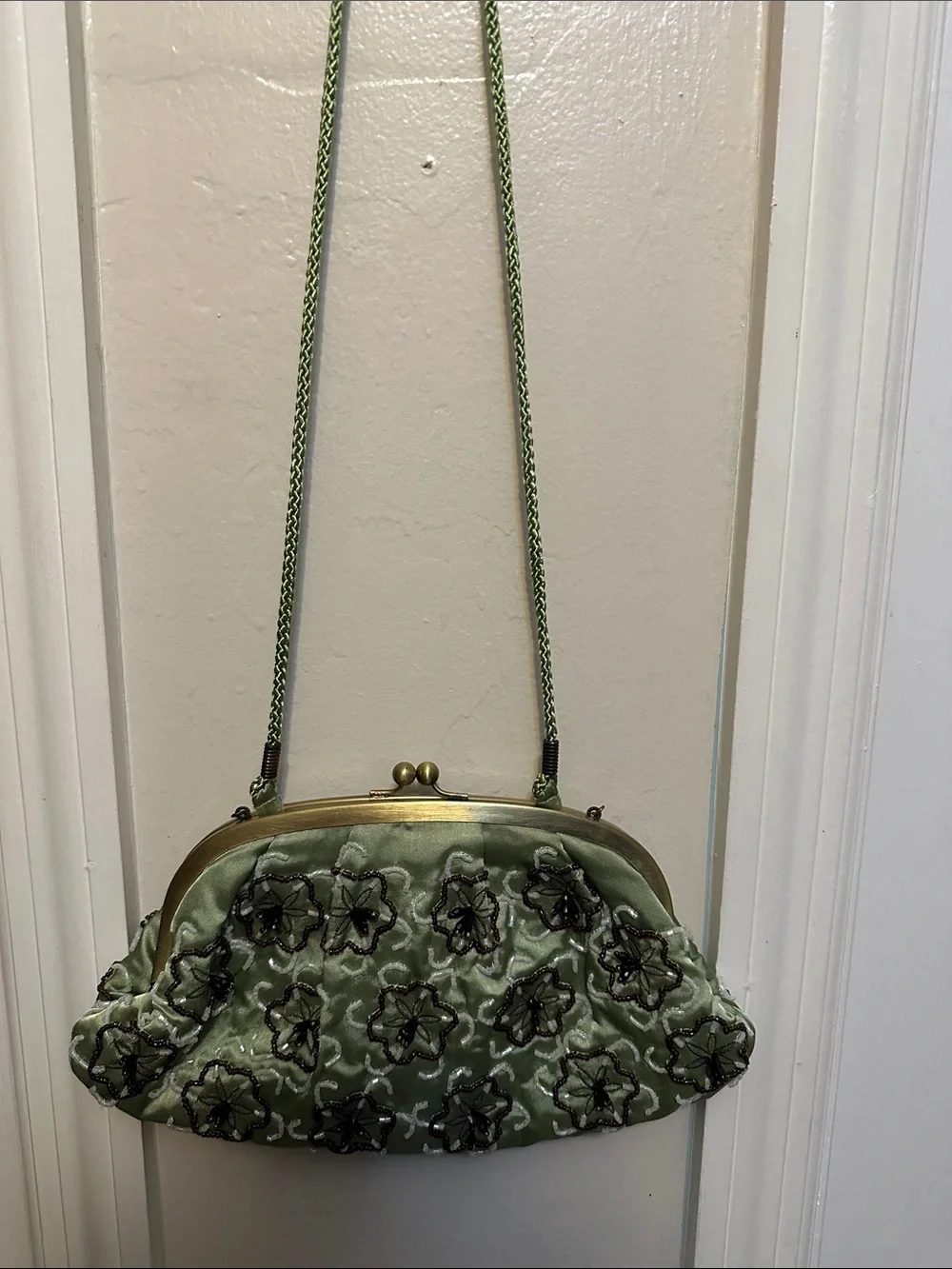 Beaded Floral Embroidered Satin Clutch Shoulder Bag - Sage Green